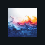 Toile Vibrant Ocean Wave Resin Surge Glow<br><div class="desc">Powerful blue waves surge and crash in vivid resin pours, blending deep sapphire, electric turquoise, and cyan into towering crests. Explosive coral, hot pink, magenta, and fiery orange bursts rise from the peaks like sunset flames or molten light, while soft white foam and subtle gold-copper metallic flecks add luminous sparkle...</div>