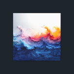 Toile Vibrant Ocean Wave Resin Surge Glow<br><div class="desc">Powerful blue waves surge and crash in vivid resin pours, blending deep sapphire, electric turquoise, and cyan into towering crests. Explosive coral, hot pink, magenta, and fiery orange bursts rise from the peaks like sunset flames or molten light, while soft white foam and subtle gold-copper metallic flecks add luminous sparkle...</div>