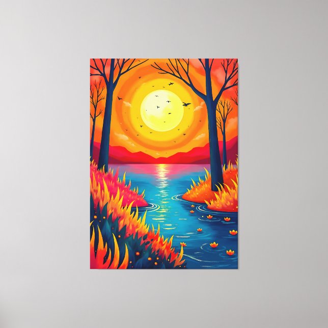 Toile Vibrant Orange Sunset Lake Landscape Art (Recto)