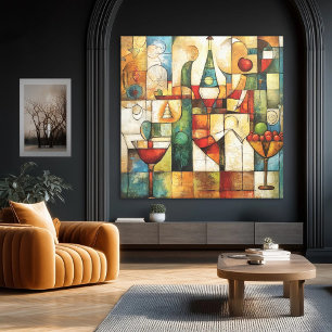 Toile Vieille Nature morte de vin et de fruits cubiste m