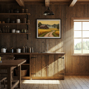 Toile Vielle grange rustique dans le champ de blé d'or
