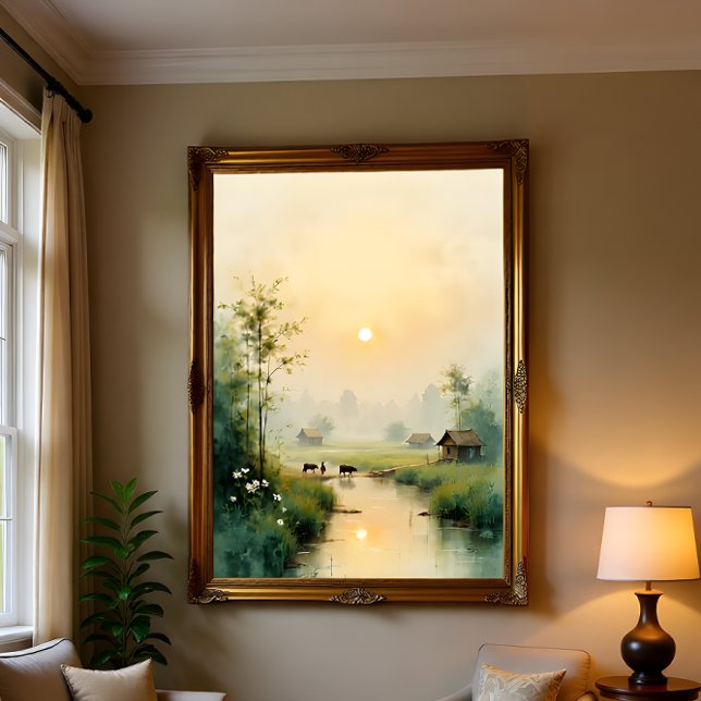 Toile Vietnamese Morning Mist Village Watercolor Art (Créateur téléchargé)