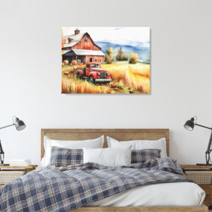 Toile Vieux camion et grange rouge en automne 32x24