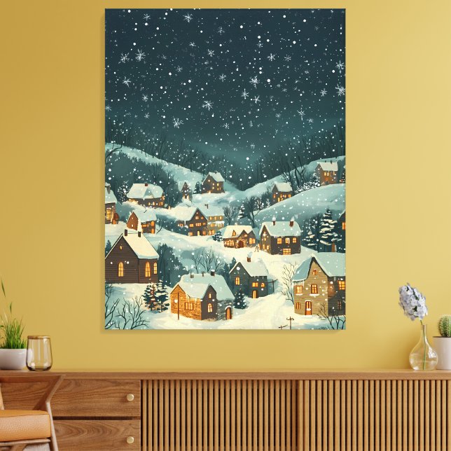 Toile Village de Noël rustique sous une neige étoilée (Insitu(Salon))