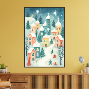 Toile Village d'Hiver – Scène de Neige Pastel avec Mur d