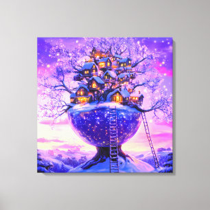 Toile Village enneigé de l'arbre de fantaisie hivernale