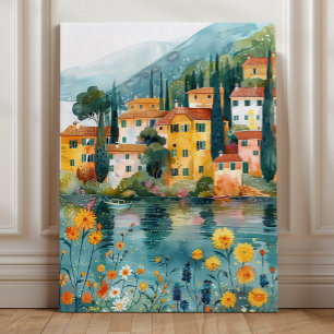 Toile Village italien fantaisiste au bord d'un lac, art