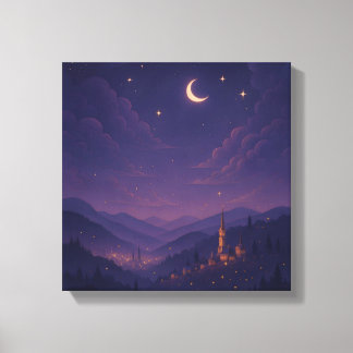 Toile Village nocturne magique au clair de lune