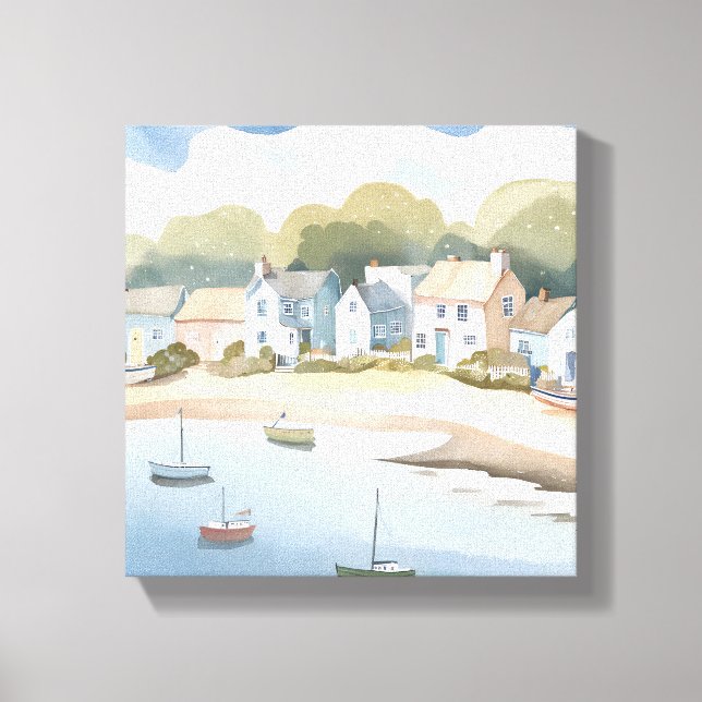 Toile Ville côtière | Peinture aquarelle aérée de plage (Recto)