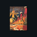 Toile Ville futuriste de science-fiction vintage avec vo<br><div class="desc">Illustration vintage de voyage et de transport dans une image de science-fiction, représentant un cadre urbain rétro de bande dessinée classique avec une ville du futur. Les bâtiments architecturaux ont la forme de cônes et les véhicules volent dans le ciel comme des oiseaux tandis que des foules de gens se...</div>