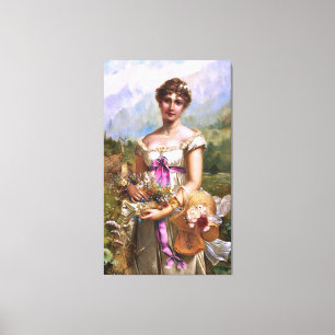 Toile Vintage Belle Lady rose Ruban Fleurs blanches
