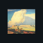 Toile Vintage Cowboys, Open Range par Maynard Dixon<br><div class="desc">Open Range (1942) de Maynard Dixon est une peinture de paysage vintage de l'Ouest américain de style beaux-arts. Un éleveur de ranch cow-boy chevauchant son cheval dans les plaines du sud-ouest. Il conduit ses vaches, taureaux et bovins dans la prairie. De grands nuages blancs remplissent le ciel au-dessus des champs...</div>