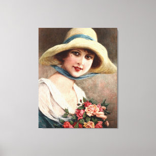 Toile Vintage Dame Avec Bouquet De Roses