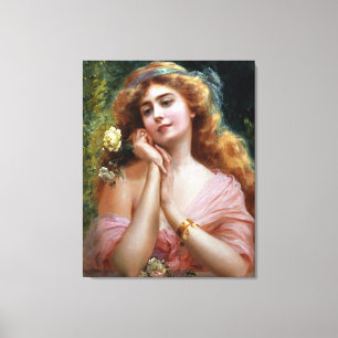 Toile Vintage Dame En Rose Avec Rose Jaune