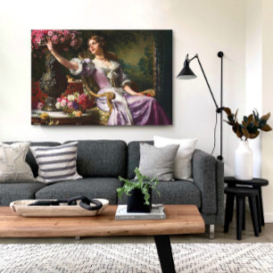 Toile Vintage dame en rose Lilac robe & Rose rouge