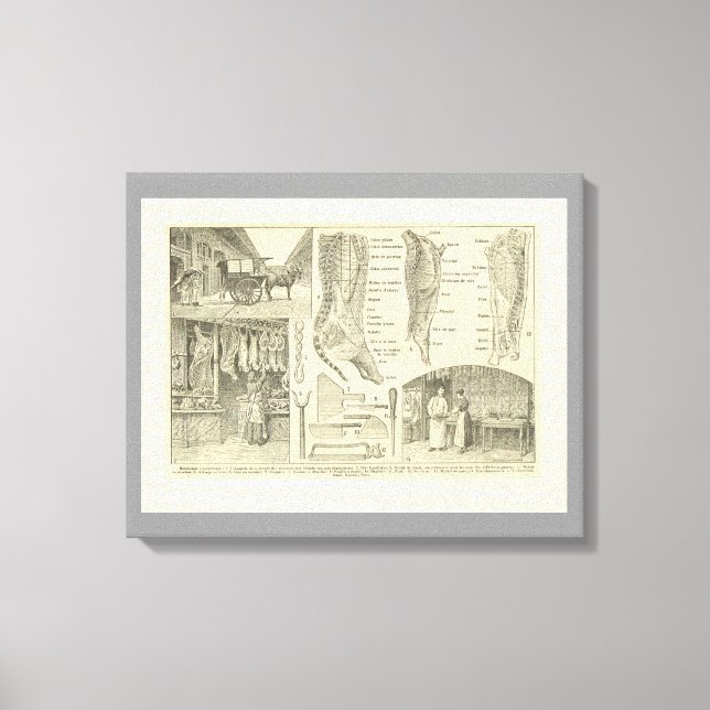 Toile Vintage de France, découpes de viande du boucher (Recto)