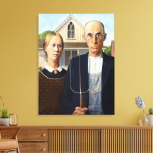 Toile Vintage Grant Wood American Gothic Fermier Art Fin
