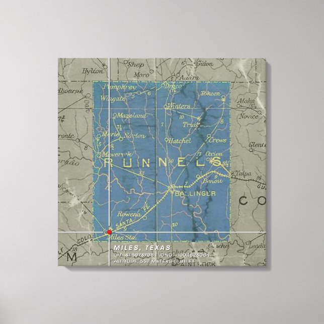 Toile Vintage Miles, Texas Map Stretted Canvas Print (Recto)