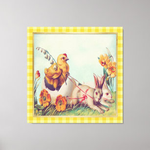 Toile Vintage moutarde Jaune de Pâques Bunny & Chick Art