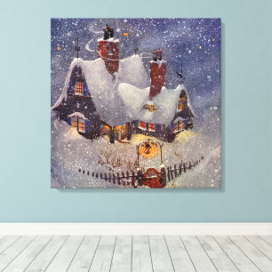 Toile Vintage Noël, Atelier du Père Noël Pôle Nord