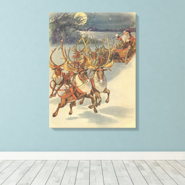 Toile Vintage Noël Père Noël Sleigh avec Reindeer (Insitu (Plancher de Bois))