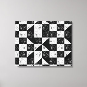 Toile Vintage noir et blanc Damier et fleurs