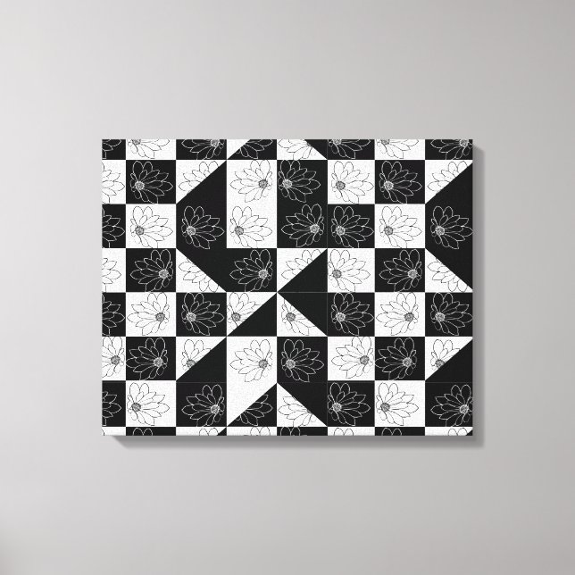 Toile Vintage noir et blanc Damier et fleurs (Recto)