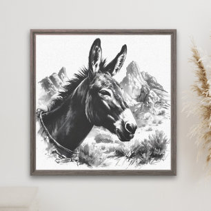 Toile Vintage noir et blanc Donkey Western Art