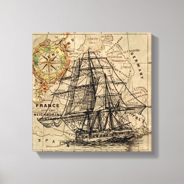 Toile Vintage Sailing Ship and Old European Map (Recto)