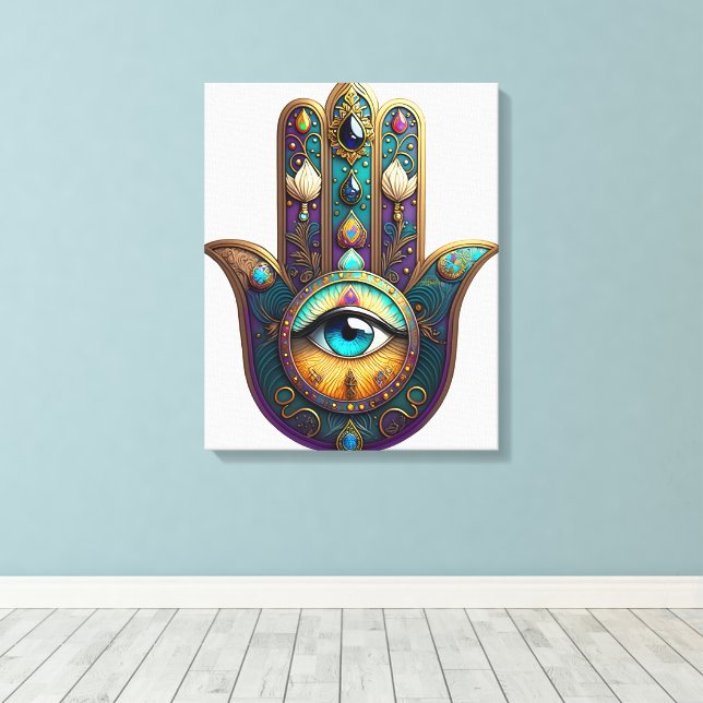 Toile Violet sarcelle doré Hamsa avec troisième œil turq (Insitu (Plancher de Bois))