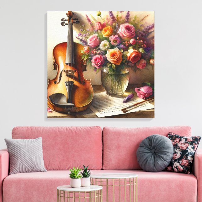 Toile Violon, Partition et un Vase de Fleurs (Insitu(Salon))