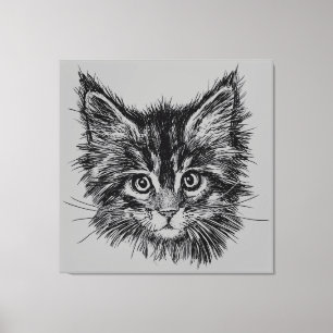 Toile Visage de Kitten noir et blanc sur gris