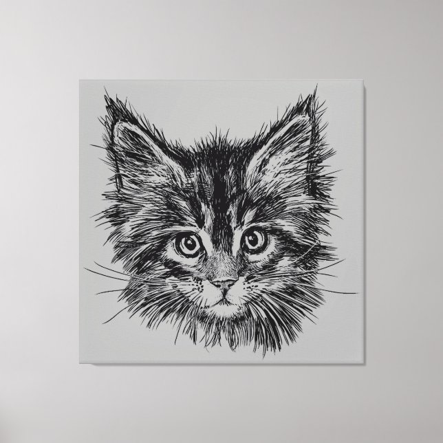 Toile Visage de Kitten noir et blanc sur gris (Recto)