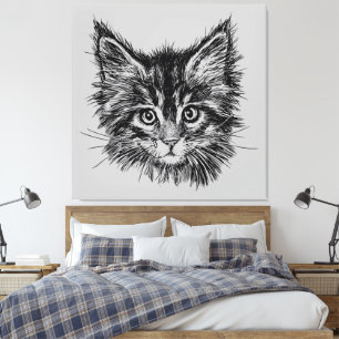 Toile Visage de Kitten noir et blanc sur gris