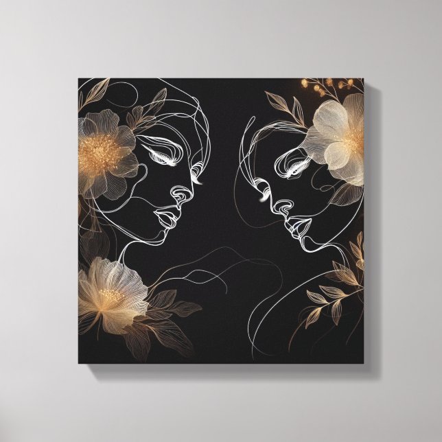 Toile Visages Féminins Entrelacés avec Fleurs Dorées (Recto)