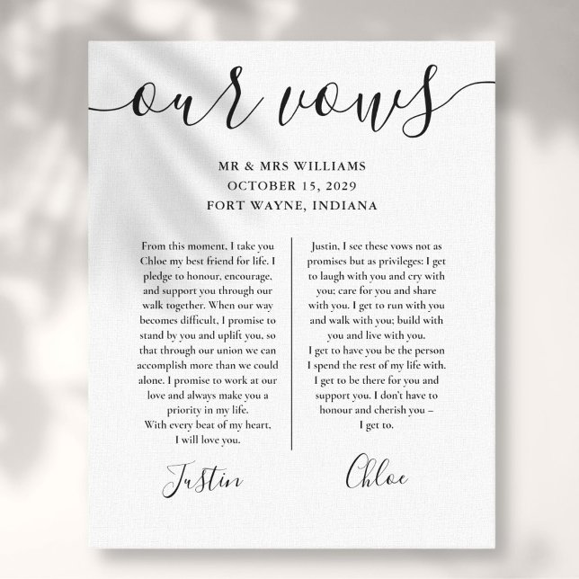 Toile Vœux de mariage à son nom et à son prénom, script  (His And Hers Wedding Vows Black And White Script Canvas Print)