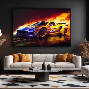 Toile Voiture de sport de course enflammée, art numériqu