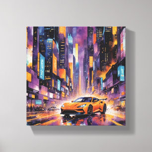 Toile Voiture de sport en Ville moderne paysage nocturne