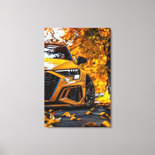 Toile Voiture jaune attractive dans un paysage automnal