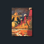 Toile Voiture volant vintage de science fiction futurist<br><div class="desc">illustration vintage image de science-fiction voyage et transport avec un livre classique retro sci fi milieu urbain avec une ville de l'avenir. Les bâtiments architecturaux sont en forme de cônes et les véhicules volent dans le ciel comme des oiseaux tandis que la foule se déplace à travers la métropole.</div>