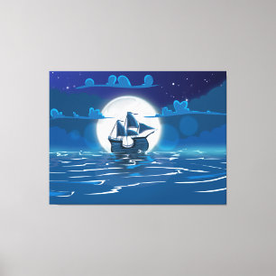 Toile Voyage de bateau à voile en bois au clair de lune