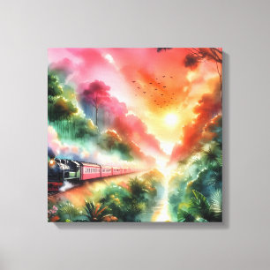 Toile Voyage en train au coucher de soleil tropical à l'