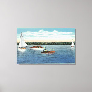 Toile Vue de voile et de canots automobiles sur le lac