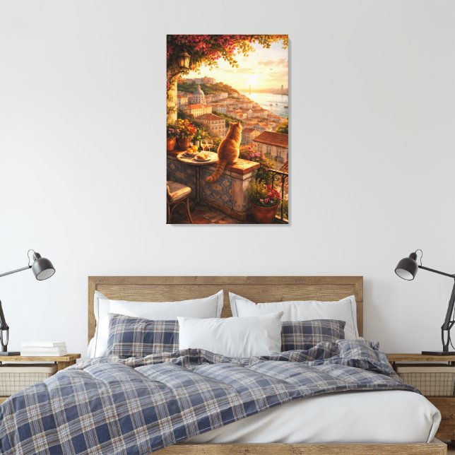 Toile Vue du coucher de soleil à Lisbonne avec chat (Insitu(Chambre))