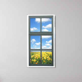 Toile Vue Fenêtre Tulipes Jaunes