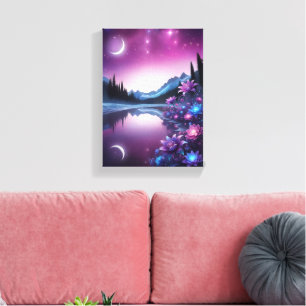 Toile Vue nocturne de rêve fleuri du lac étoilé