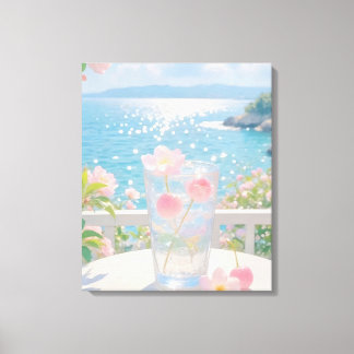 Toile Vue océanique de rêve avec fleurs roses - Art esti