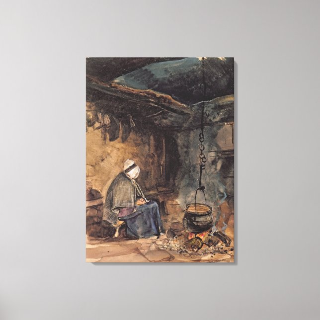 Toile Watching the pot boil - a cottage interior (Recto)