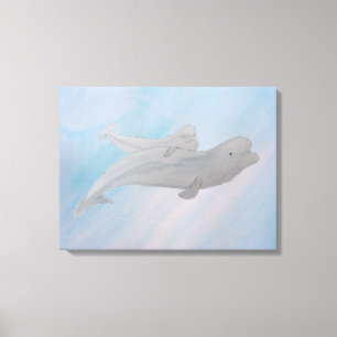 Toile Watercolor Ocean Mother Baby Beluga Whale