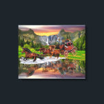 TOILE WELLES FARGO STAGECOACH<br><div class="desc">Un coucher de soleil doré,  des cascades de montagne et des pins verts entourent la stagecoach de Wells Fargo tandis que son équipe de chevaux le fait traverser le lac miroir en faisant un magnifique reflet pour une image sauvage d'ouest.</div>